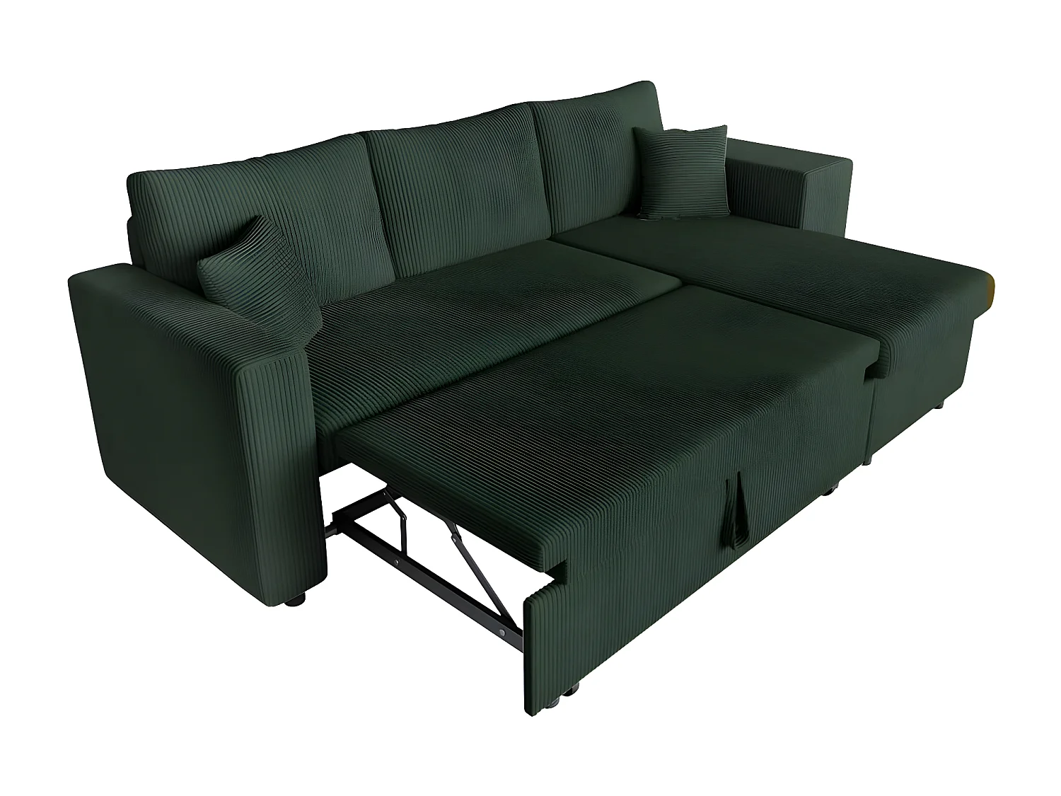 Canapé d'angle réversible convertible Oslo avec coffre, 2 poufs à droite en velours côtelé vert - L241 x P146 x H81cm - Loungitude