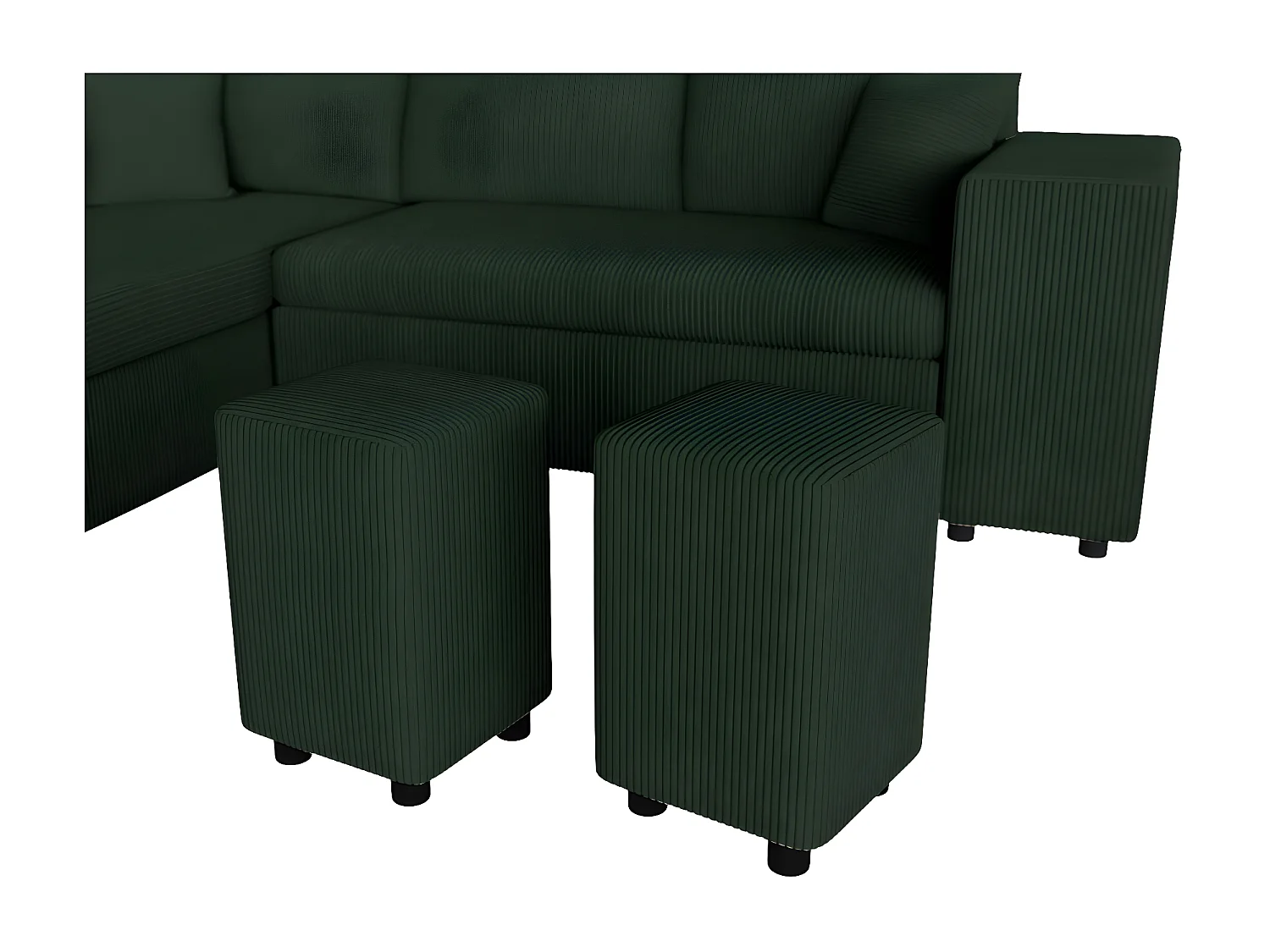 Canapé d'angle réversible convertible Oslo avec coffre, 2 poufs à droite en velours côtelé vert - L241 x P146 x H81cm - Loungitude