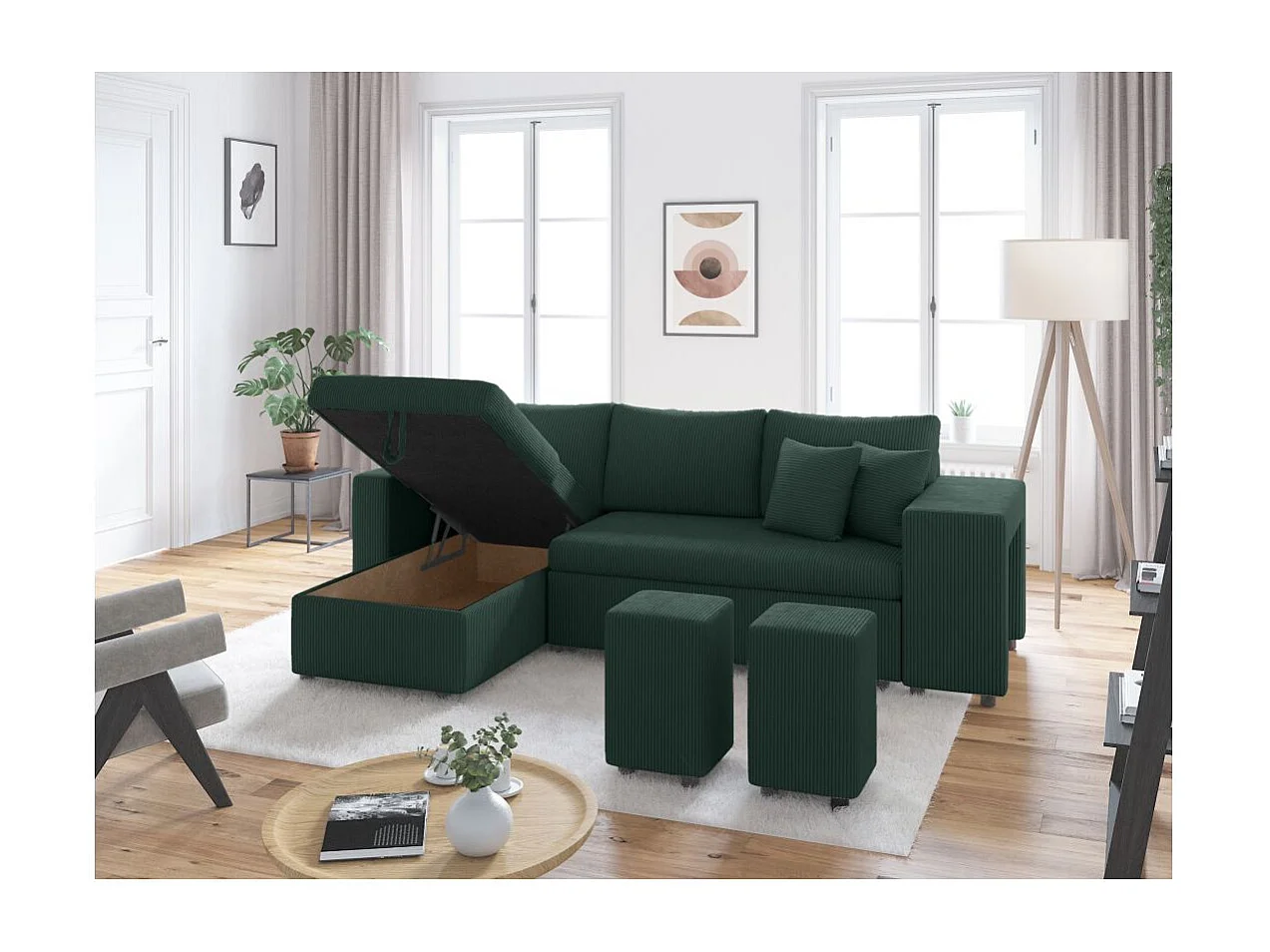 Canapé d'angle réversible convertible Oslo avec coffre, 2 poufs à droite en velours côtelé vert - L241 x P146 x H81cm - Loungitude