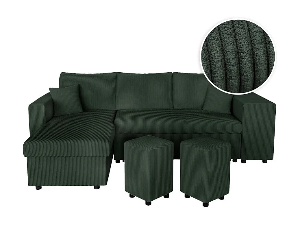 Canapé d'angle réversible convertible Oslo avec coffre, 2 poufs à droite en velours côtelé vert - L241 x P146 x H81cm - Loungitude