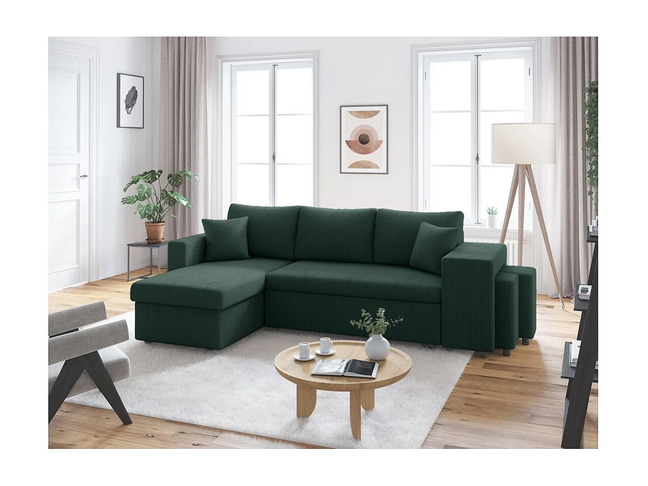 Canapé d'angle réversible convertible Oslo avec coffre, 2 poufs à droite en velours côtelé vert - L241 x P146 x H81cm - Loungitude