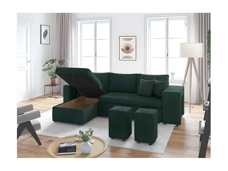 Canapé d'angle réversible convertible Oslo avec coffre, 2 poufs à droite en velours côtelé vert - L241 x P146 x H81cm - Loungitude