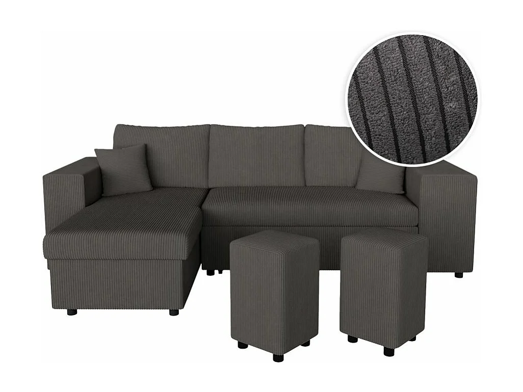 Canapé d'angle réversible Mady avec coffre, rangement poufs à droite en velours côtelé bleu clair - L254 x P146 x H81cm - Loungitude