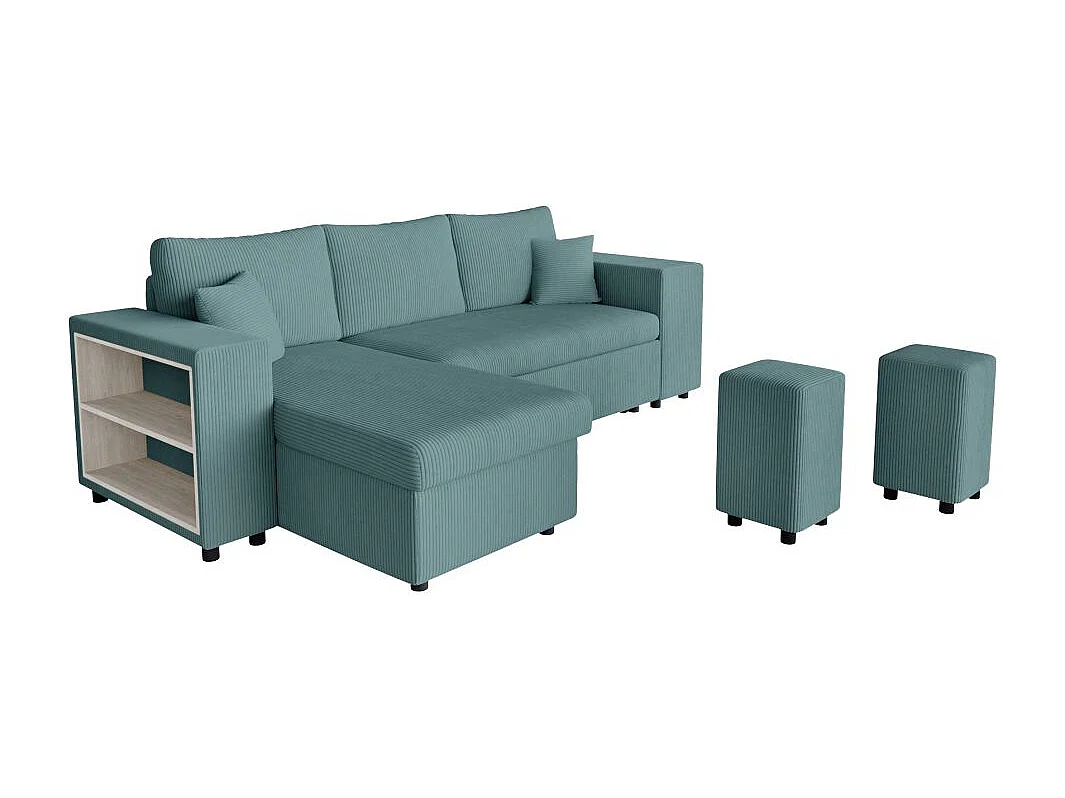 Canapé d'angle réversible Mady avec coffre, rangement poufs à droite en velours côtelé bleu clair - L254 x P146 x H81cm - Loungitude