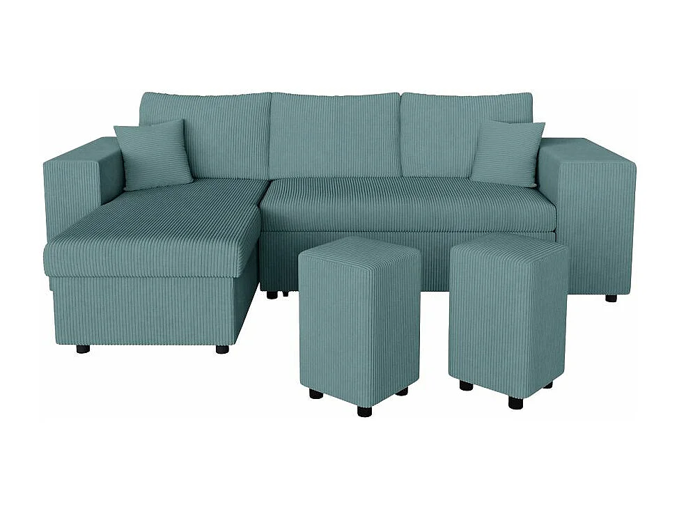 Canapé d'angle réversible Mady avec coffre, rangement poufs à droite en velours côtelé bleu clair - L254 x P146 x H81cm - Loungitude