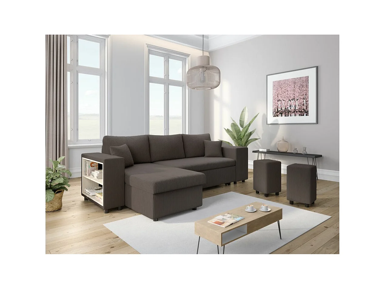 Canapé d'angle réversible Mady avec coffre, rangement poufs à droite en velours côtelé bleu clair - L254 x P146 x H81cm - Loungitude