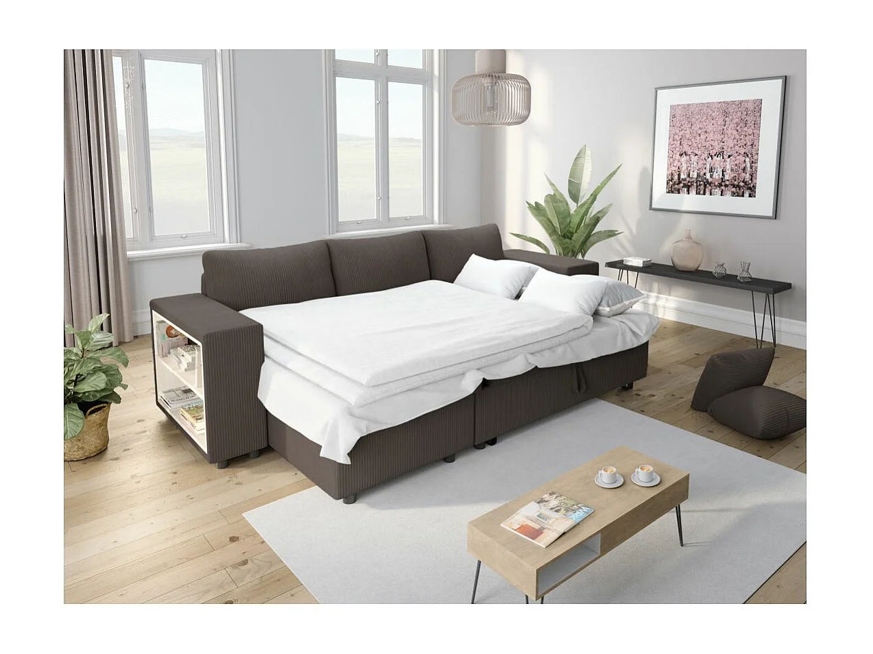 Canapé d'angle réversible Mady avec coffre, rangement poufs à droite en velours côtelé bleu clair - L254 x P146 x H81cm - Loungitude