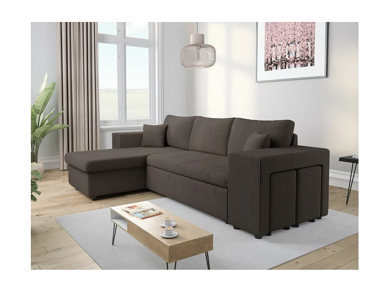 Canapé d'angle réversible Mady avec coffre, rangement poufs à droite en velours côtelé bleu clair - L254 x P146 x H81cm - Loungitude