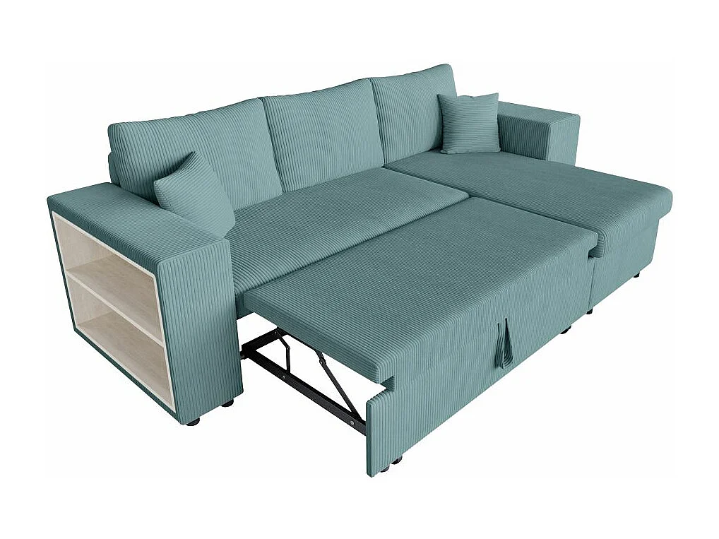 Canapé d'angle réversible Mady avec coffre, rangement poufs à droite en velours côtelé bleu clair - L254 x P146 x H81cm - Loungitude