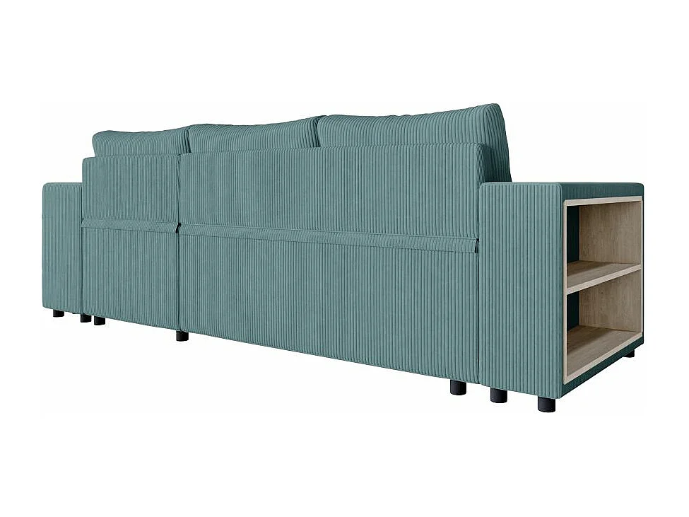Canapé d'angle réversible Mady avec coffre, rangement poufs à droite en velours côtelé bleu clair - L254 x P146 x H81cm - Loungitude