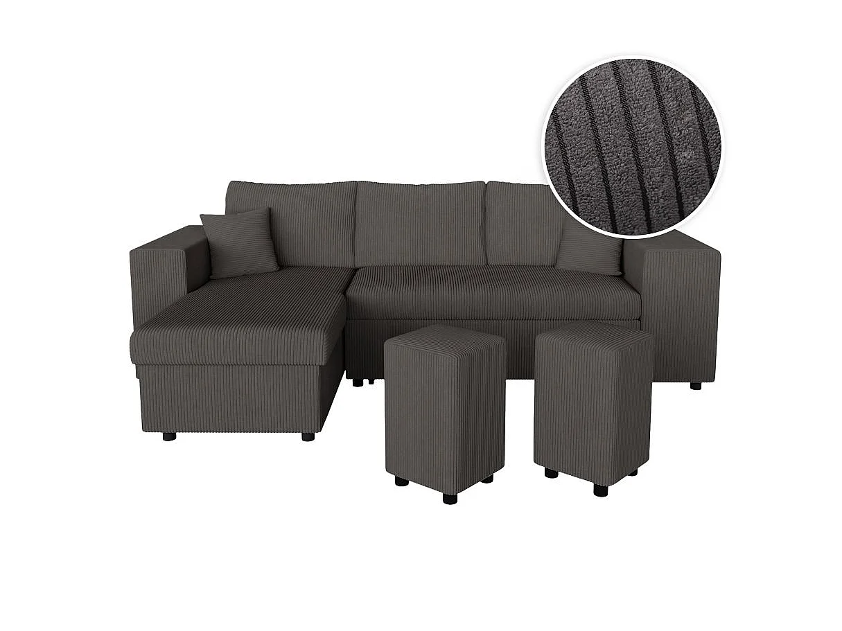 Canapé d'angle convertible 5 places avec pouf en velours bleu ciel