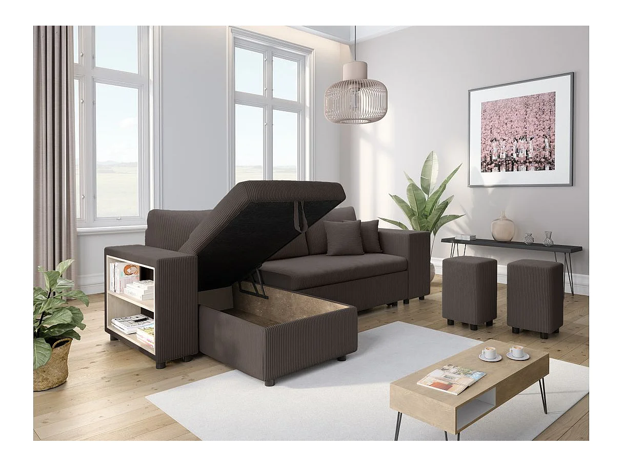 Canapé d'angle convertible 5 places avec pouf en velours bleu ciel