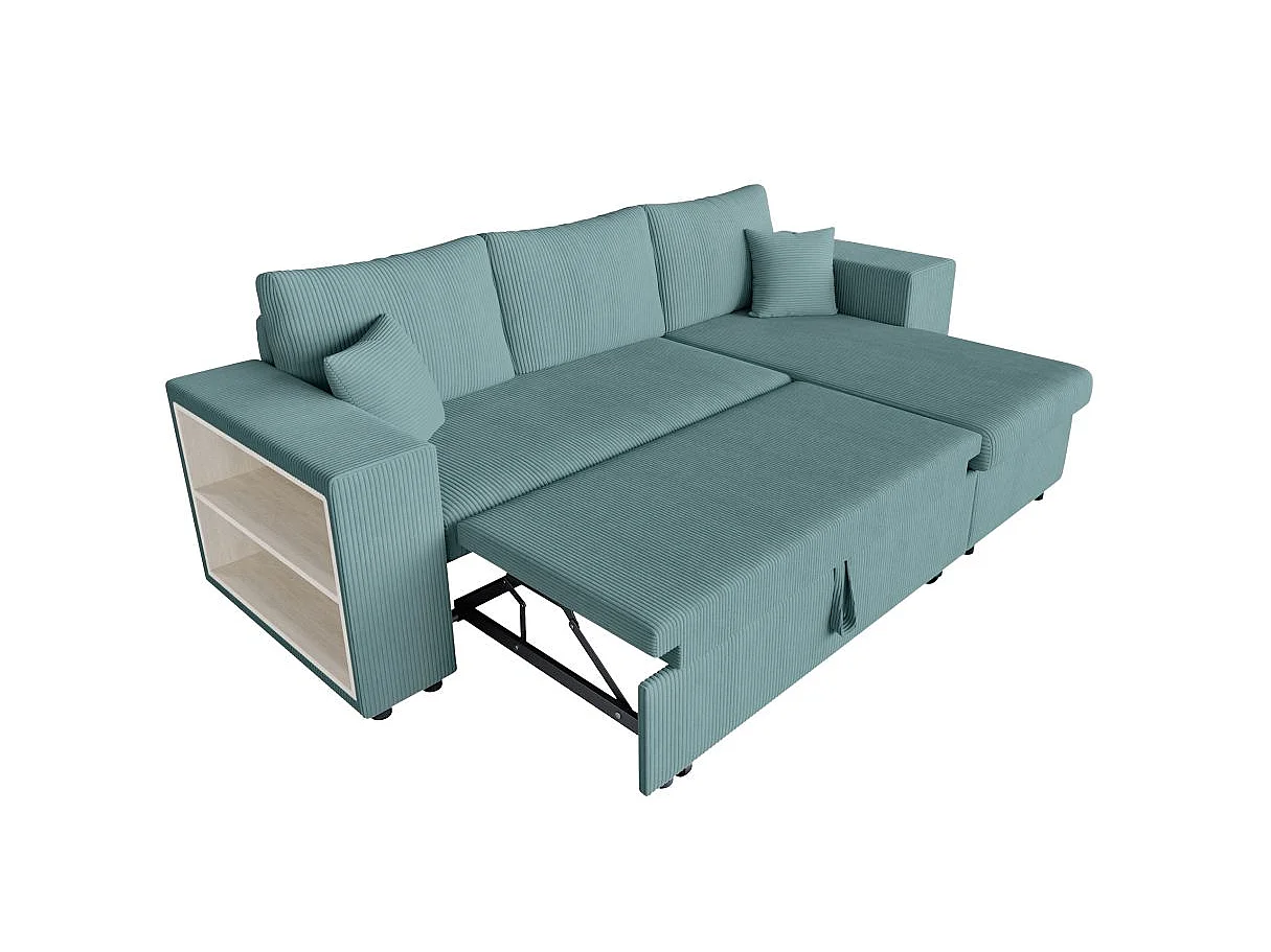 Canapé d'angle convertible 5 places avec pouf en velours bleu ciel
