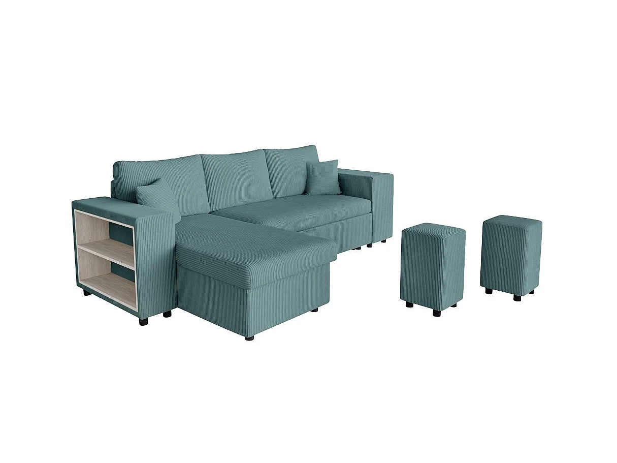 Canapé d'angle convertible 5 places avec pouf en velours bleu ciel