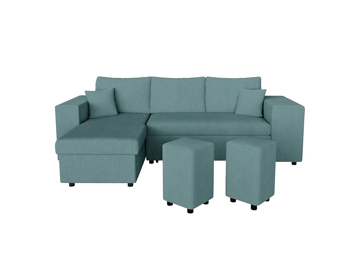 Canapé d'angle convertible 5 places avec pouf en velours bleu ciel