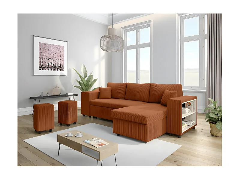 Canapé d'angle réversible Mady avec coffre, rangement poufs à gauche en velours côtelé terracotta - L254 x P146 x H81cm - Loungitude