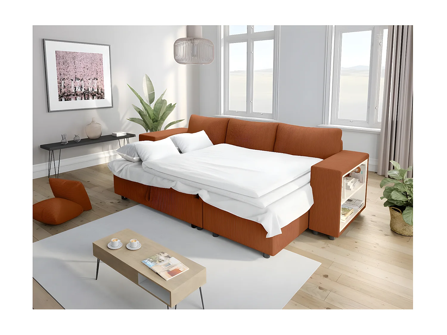 Canapé d'angle réversible Mady avec coffre, rangement poufs à gauche en velours côtelé terracotta - L254 x P146 x H81cm - Loungitude