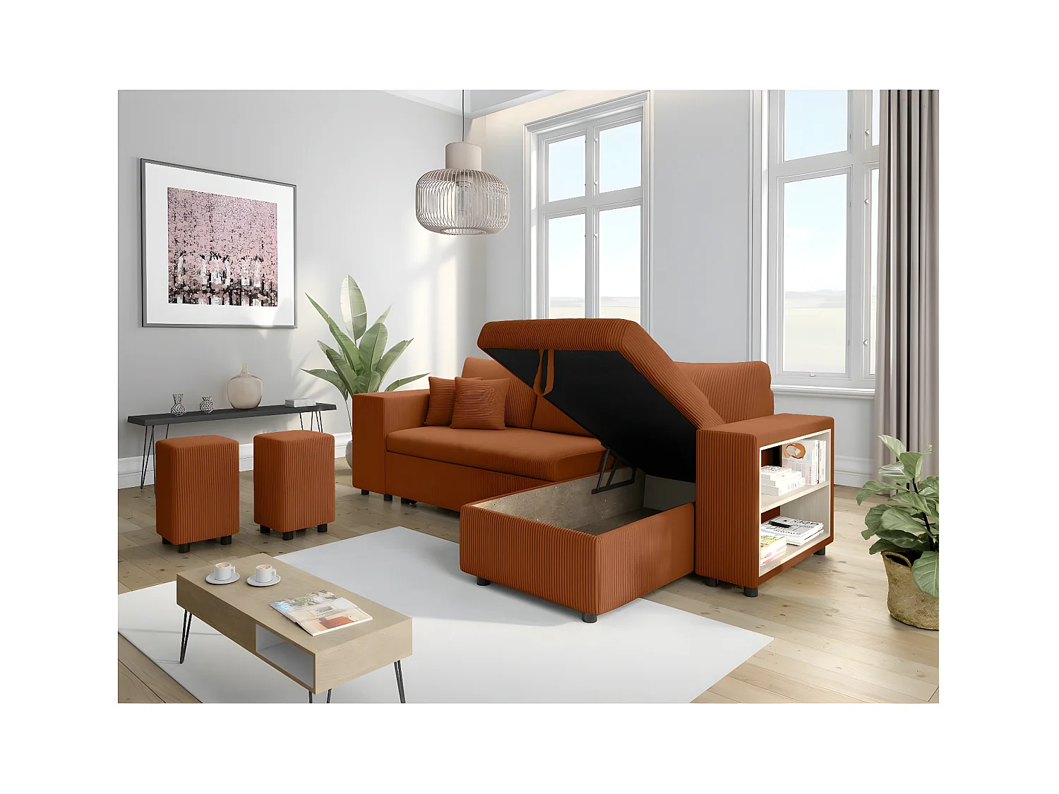 Canapé d'angle réversible Mady avec coffre, rangement poufs à gauche en velours côtelé terracotta - L254 x P146 x H81cm - Loungitude