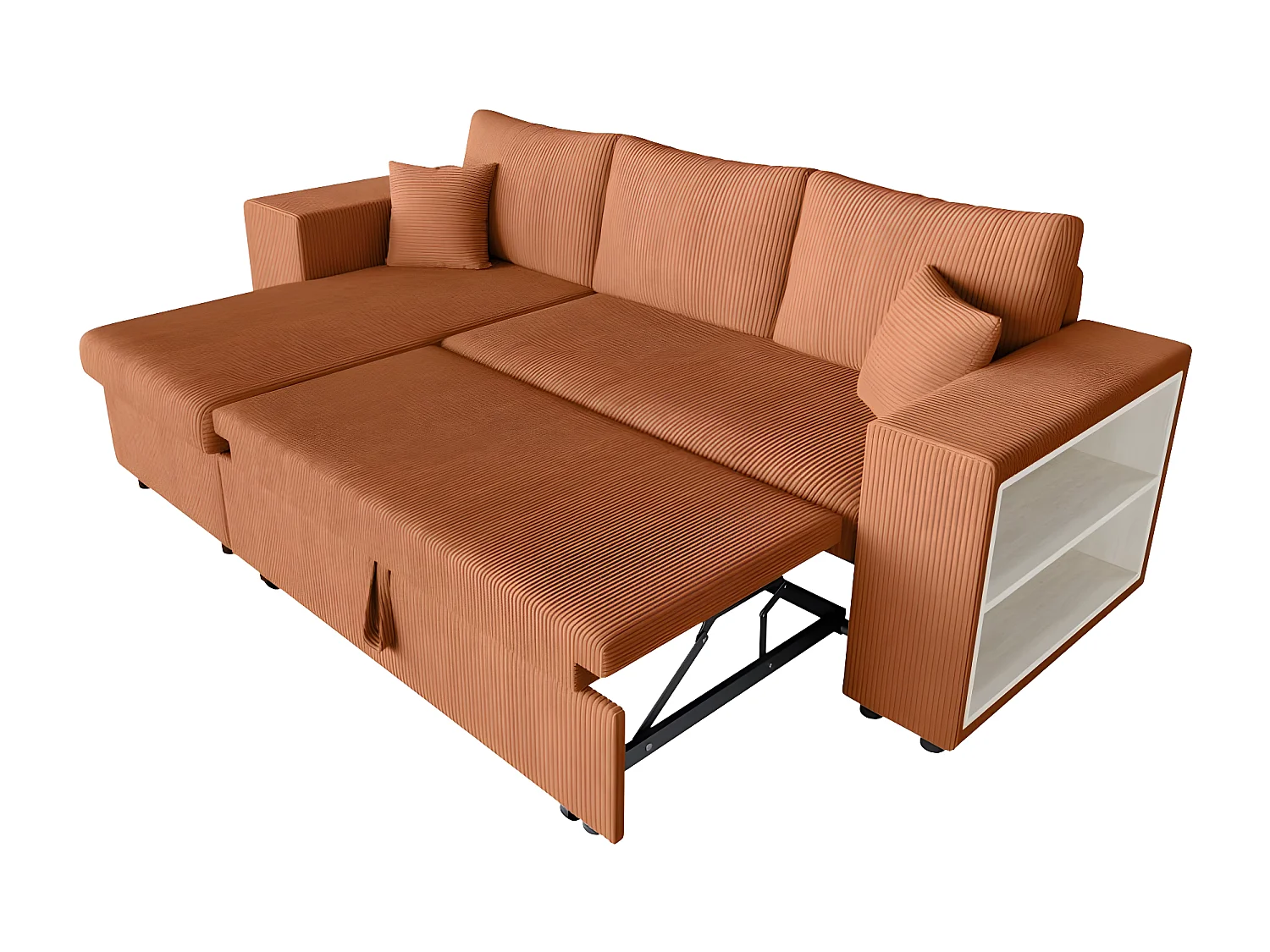 Canapé d'angle réversible Mady avec coffre, rangement poufs à gauche en velours côtelé terracotta - L254 x P146 x H81cm - Loungitude