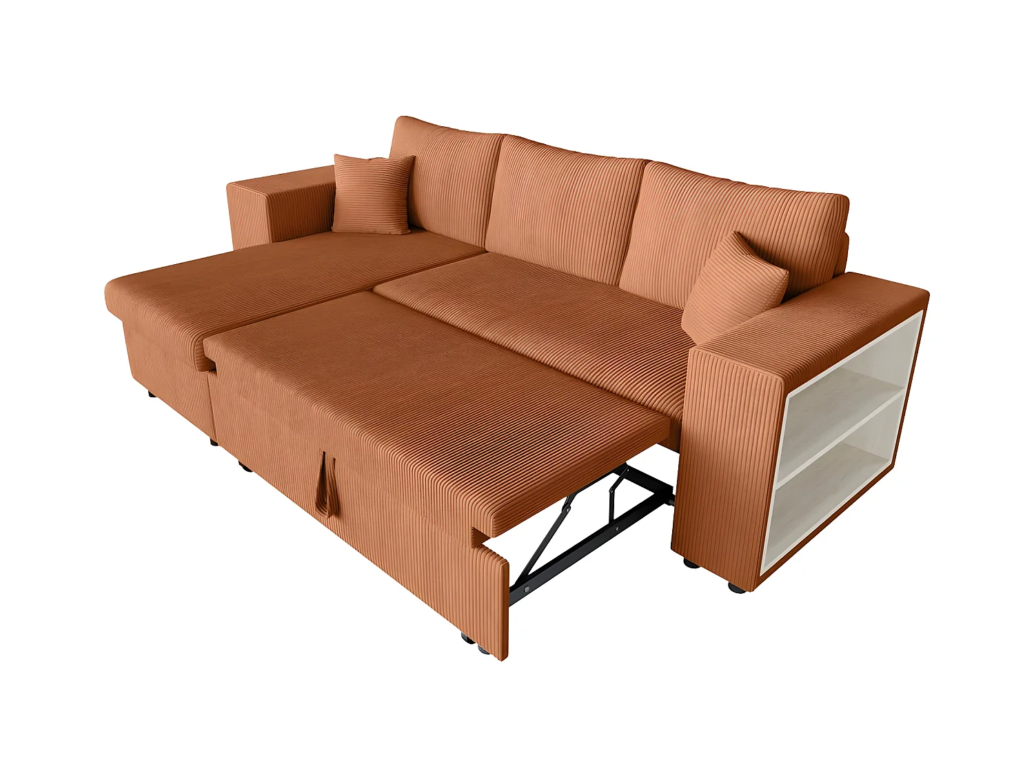Canapé d'angle réversible Mady avec coffre, rangement poufs à gauche en velours côtelé terracotta - L254 x P146 x H81cm - Loungitude