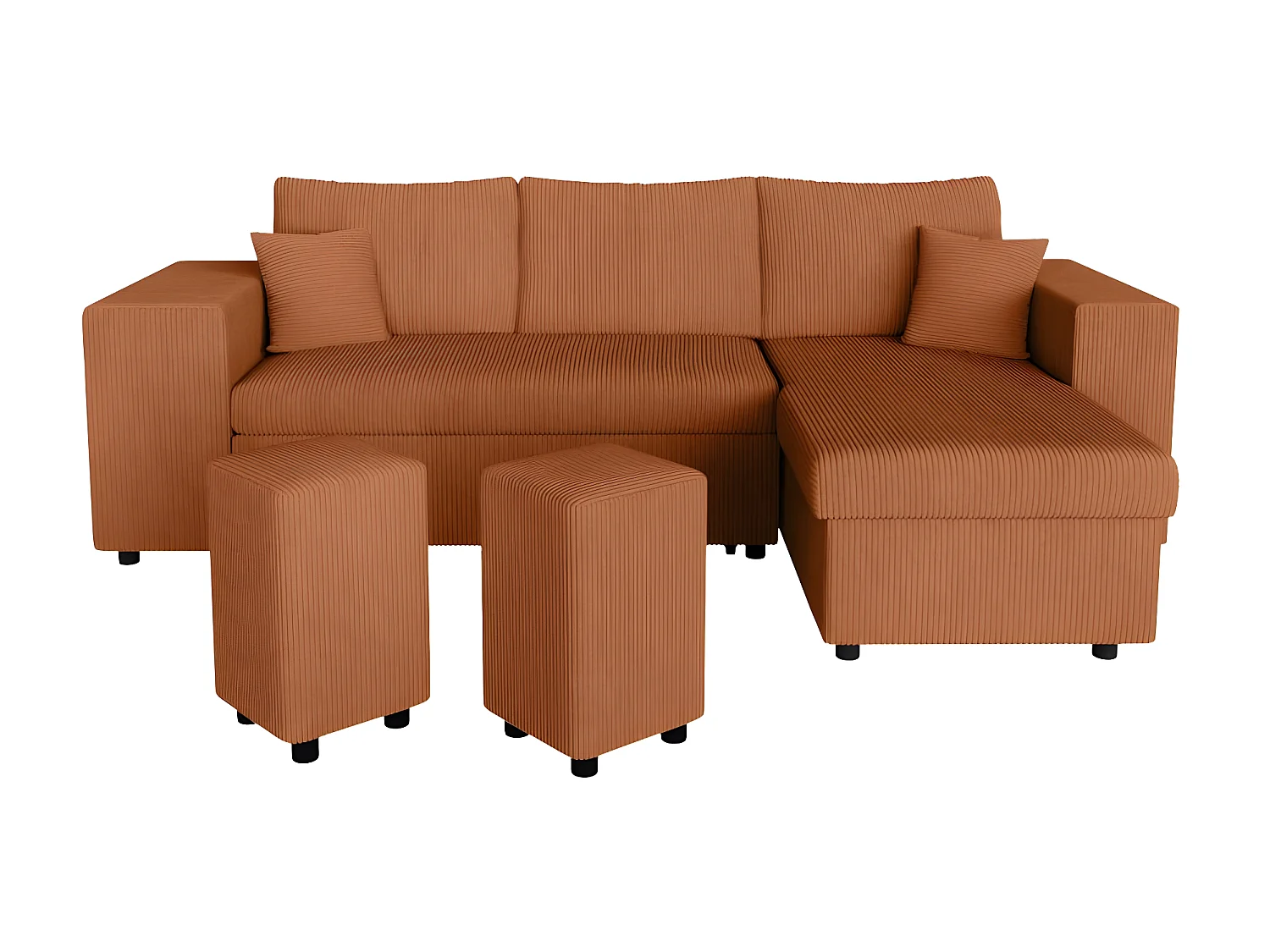 Canapé d'angle réversible Mady avec coffre, rangement poufs à gauche en velours côtelé terracotta - L254 x P146 x H81cm - Loungitude
