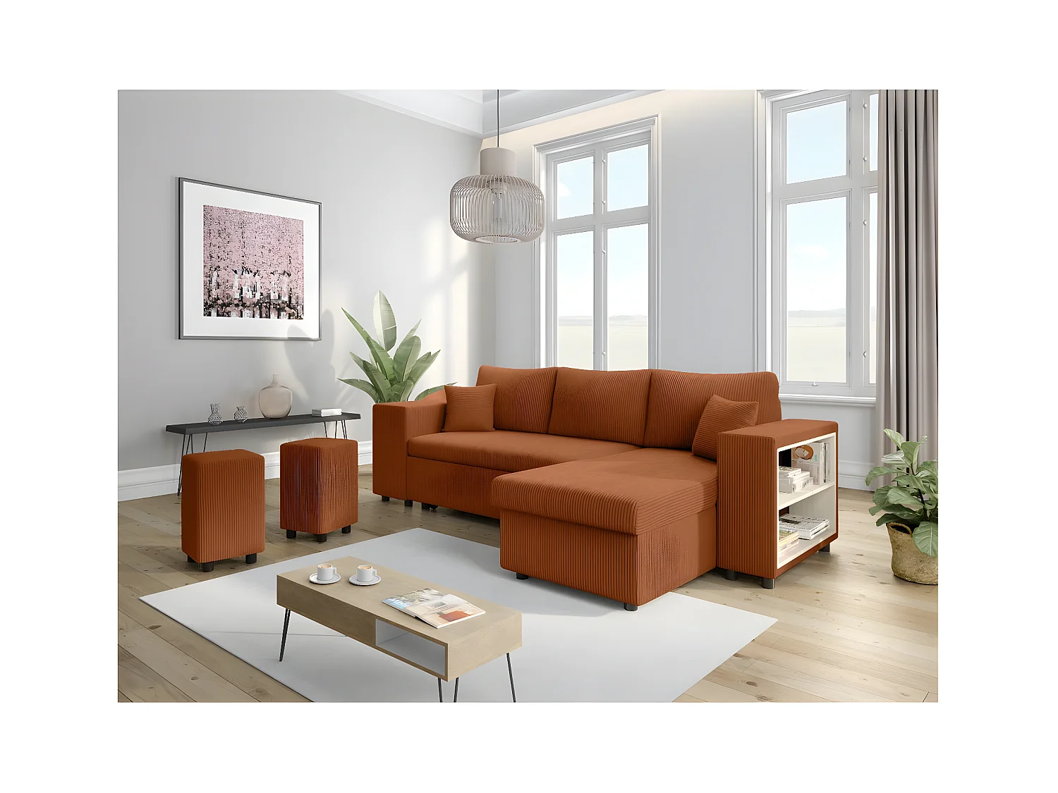 Canapé d'angle réversible Mady avec coffre, rangement poufs à gauche en velours côtelé terracotta - L254 x P146 x H81cm - Loungitude