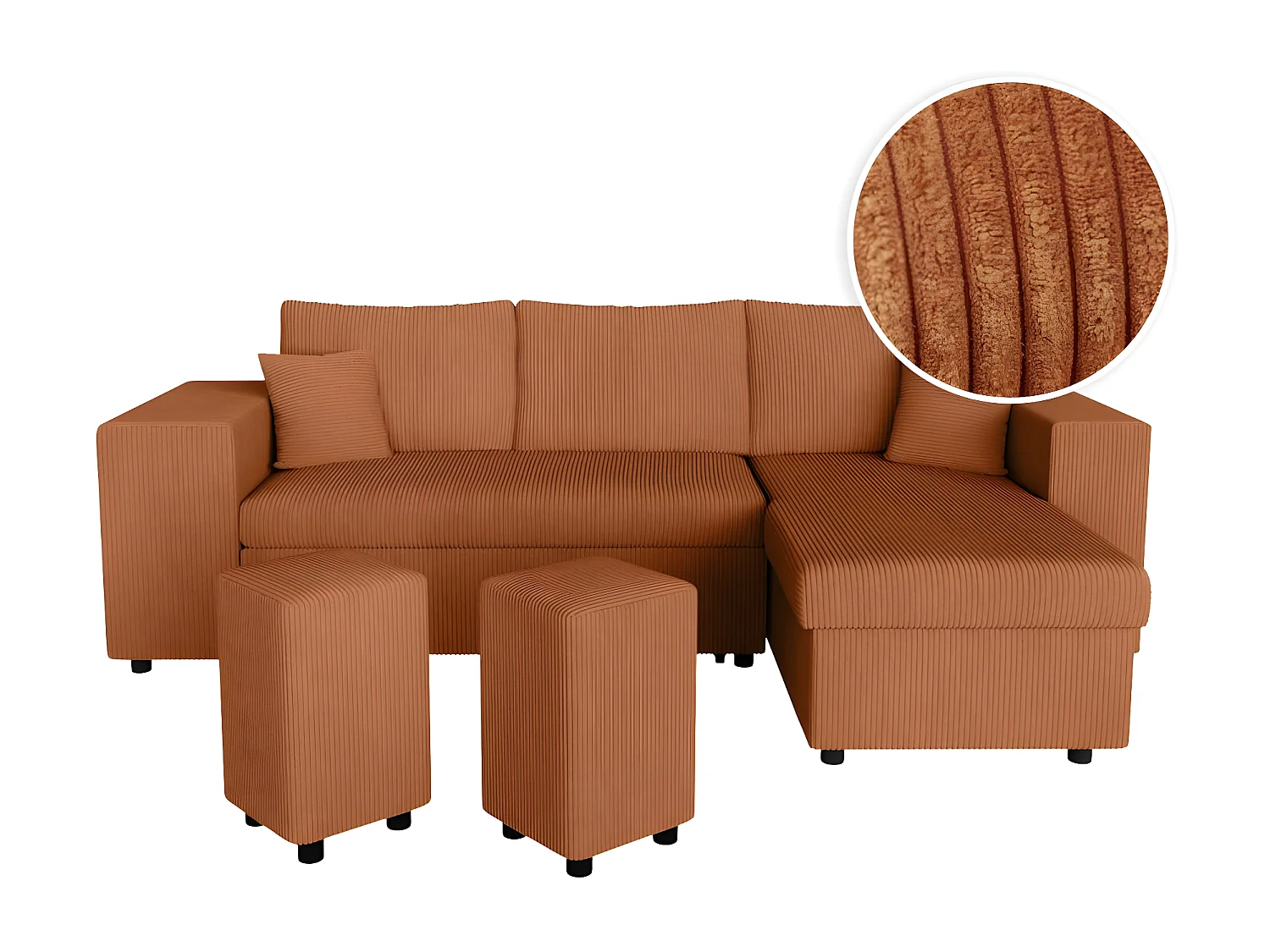 Canapé d'angle réversible Mady avec coffre, rangement poufs à gauche en velours côtelé terracotta - L254 x P146 x H81cm - Loungitude