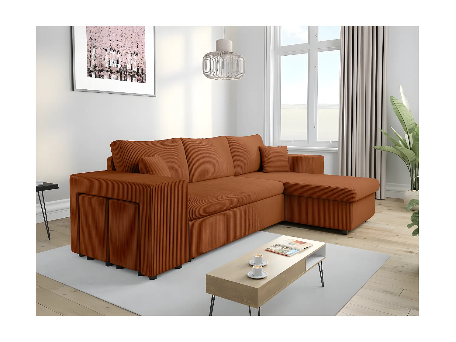Canapé d'angle réversible Mady avec coffre, rangement poufs à gauche en velours côtelé terracotta - L254 x P146 x H81cm - Loungitude