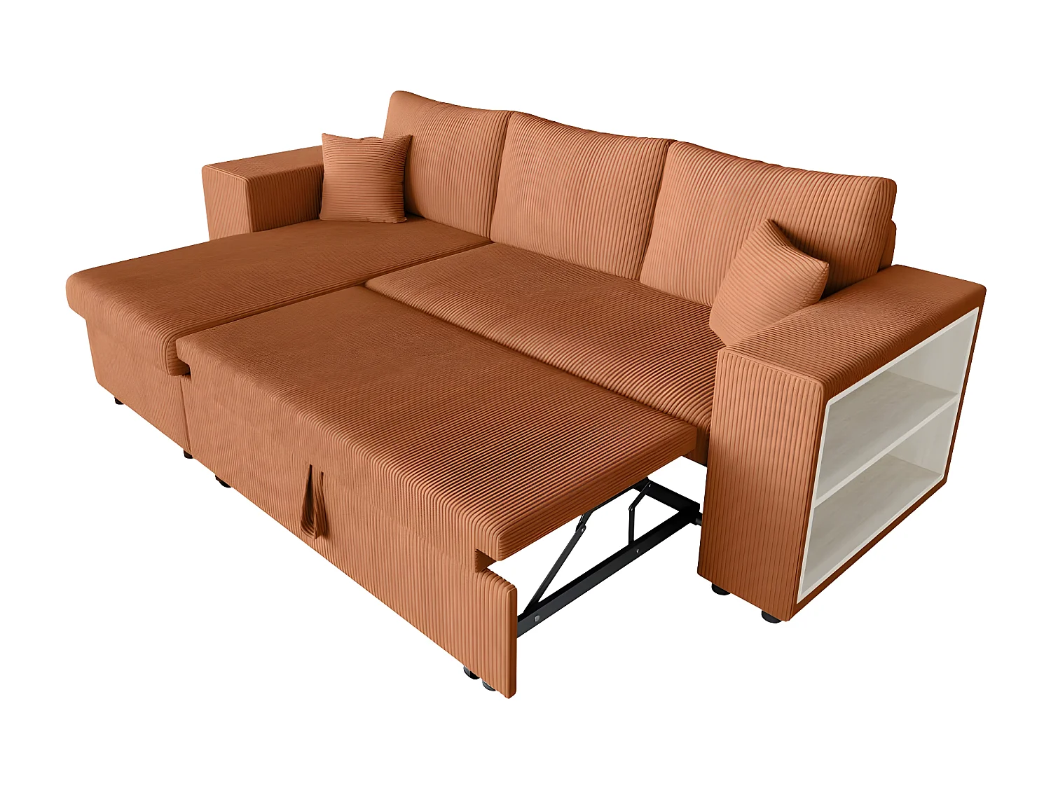Canapé d'angle réversible Mady avec coffre, rangement poufs à gauche en velours côtelé terracotta - L254 x P146 x H81cm - Loungitude