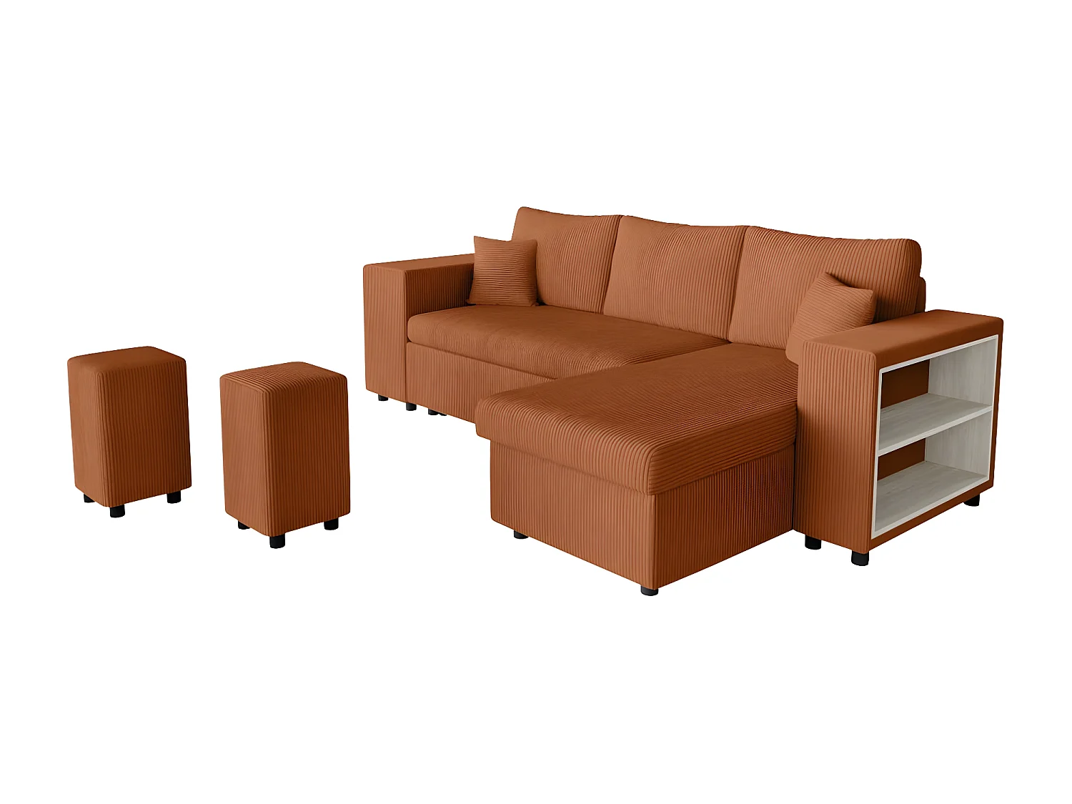 Canapé d'angle réversible Mady avec coffre, rangement poufs à gauche en velours côtelé terracotta - L254 x P146 x H81cm - Loungitude