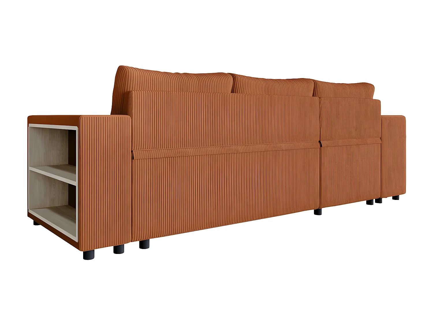 Canapé d'angle réversible Mady avec coffre, rangement poufs à gauche en velours côtelé terracotta - L254 x P146 x H81cm - Loungitude