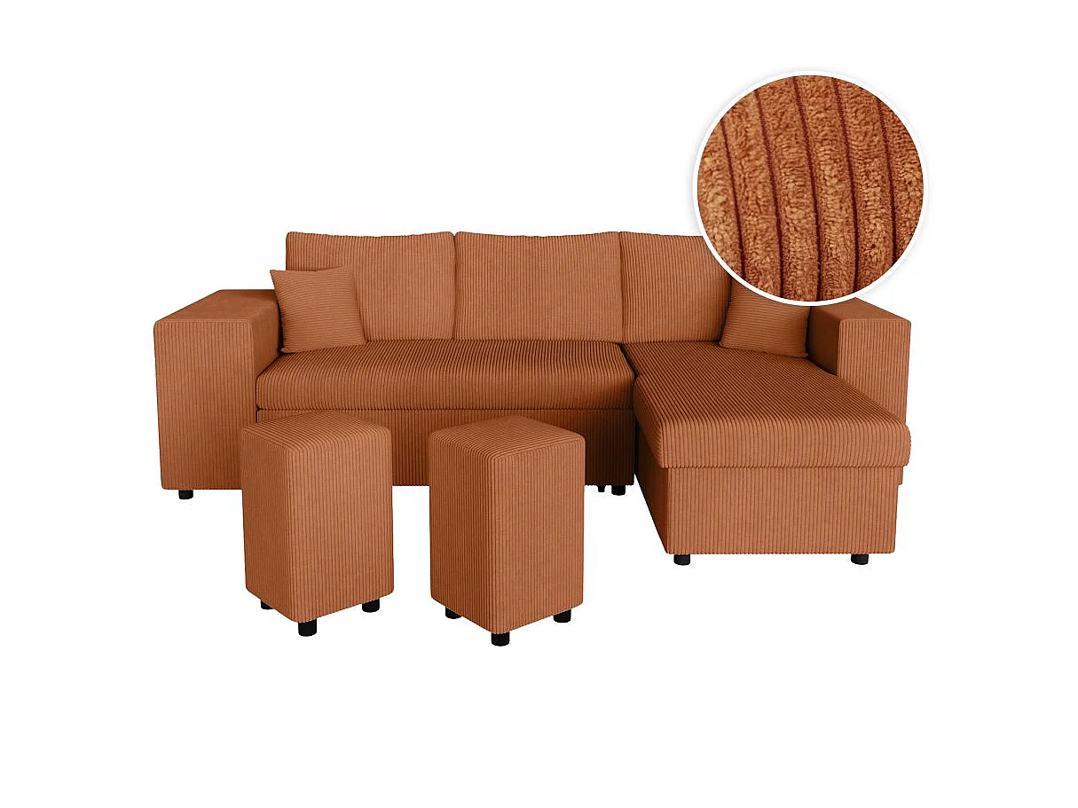 Canapé d'angle convertible 5 places avec pouf en velours terracotta