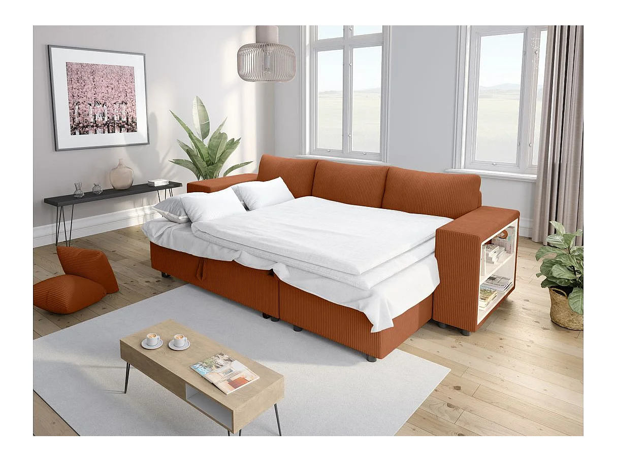 Canapé d'angle convertible 5 places avec pouf en velours terracotta