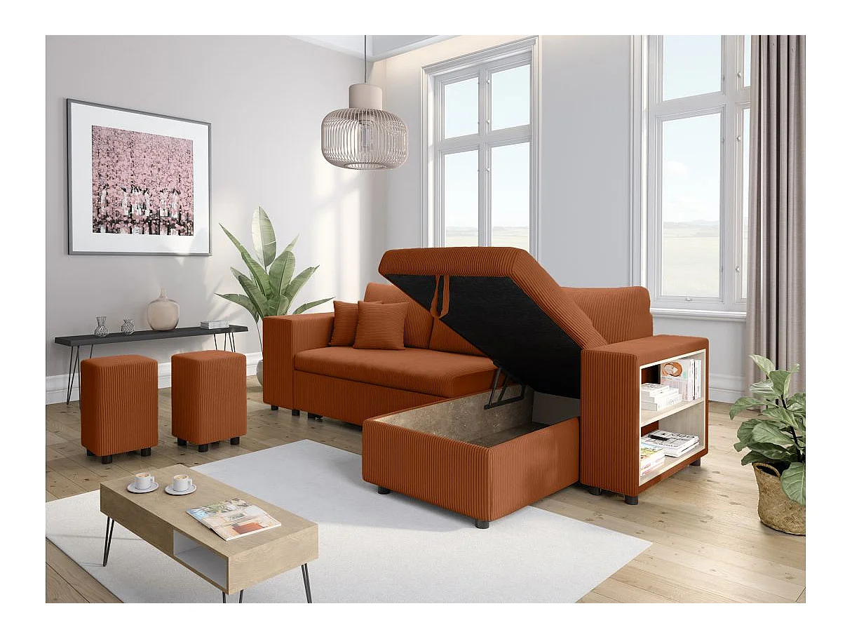 Canapé d'angle convertible 5 places avec pouf en velours terracotta