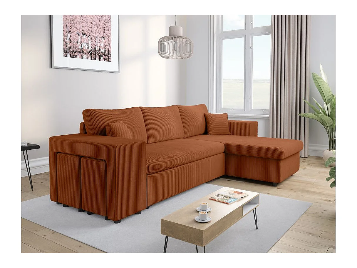 Canapé d'angle convertible 5 places avec pouf en velours terracotta