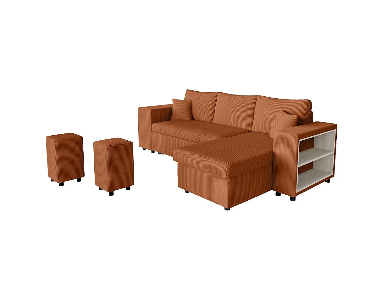 Canapé d'angle convertible 5 places avec pouf en velours terracotta