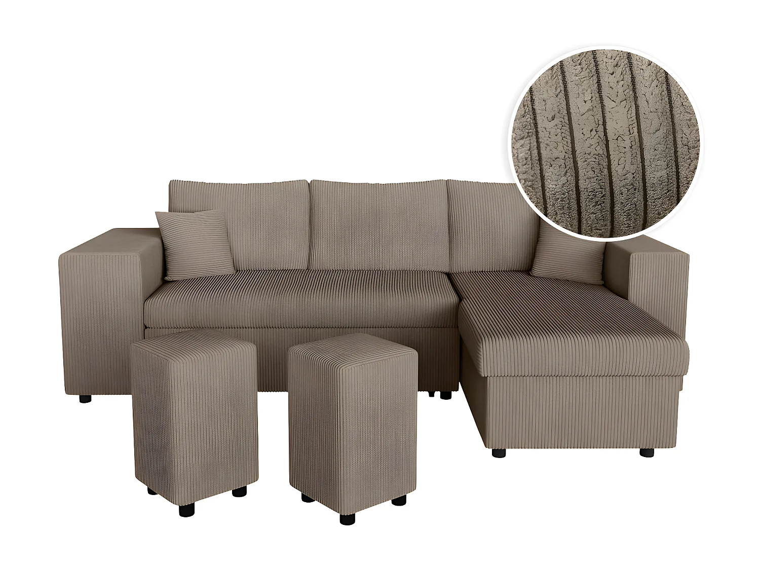 Canapé d'angle réversible Mady avec coffre, rangement poufs à gauche en velours côtelé - Taupe - L254 x P146 x H81cm - Loungitude
