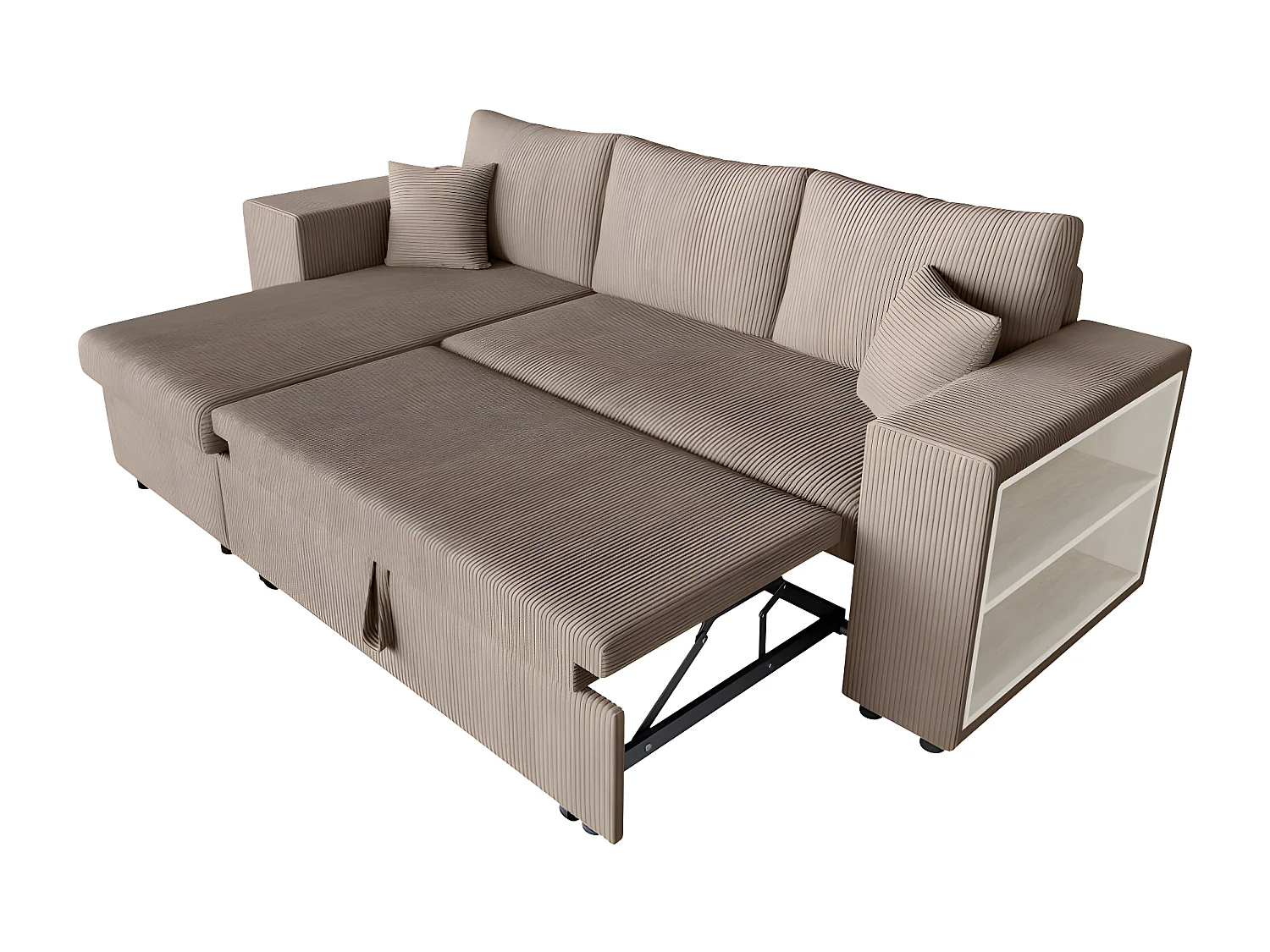 Canapé d'angle réversible Mady avec coffre, rangement poufs à gauche en velours côtelé - Taupe - L254 x P146 x H81cm - Loungitude