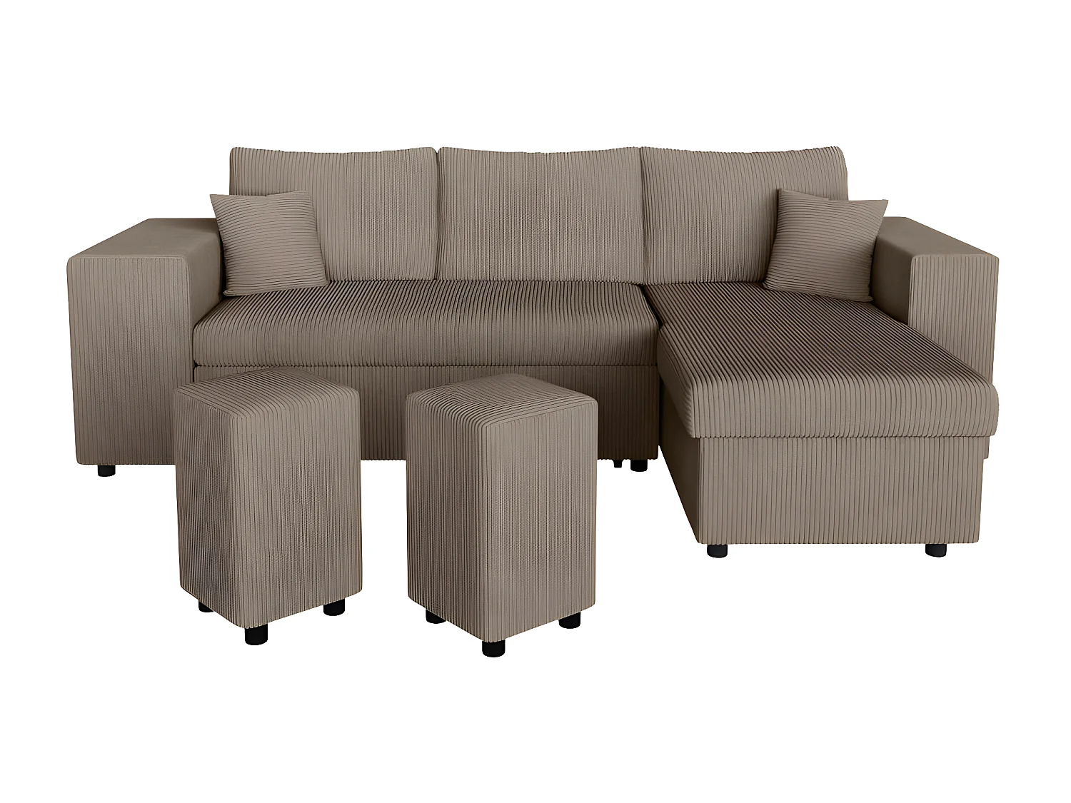 Canapé d'angle réversible Mady avec coffre, rangement poufs à gauche en velours côtelé - Taupe - L254 x P146 x H81cm - Loungitude