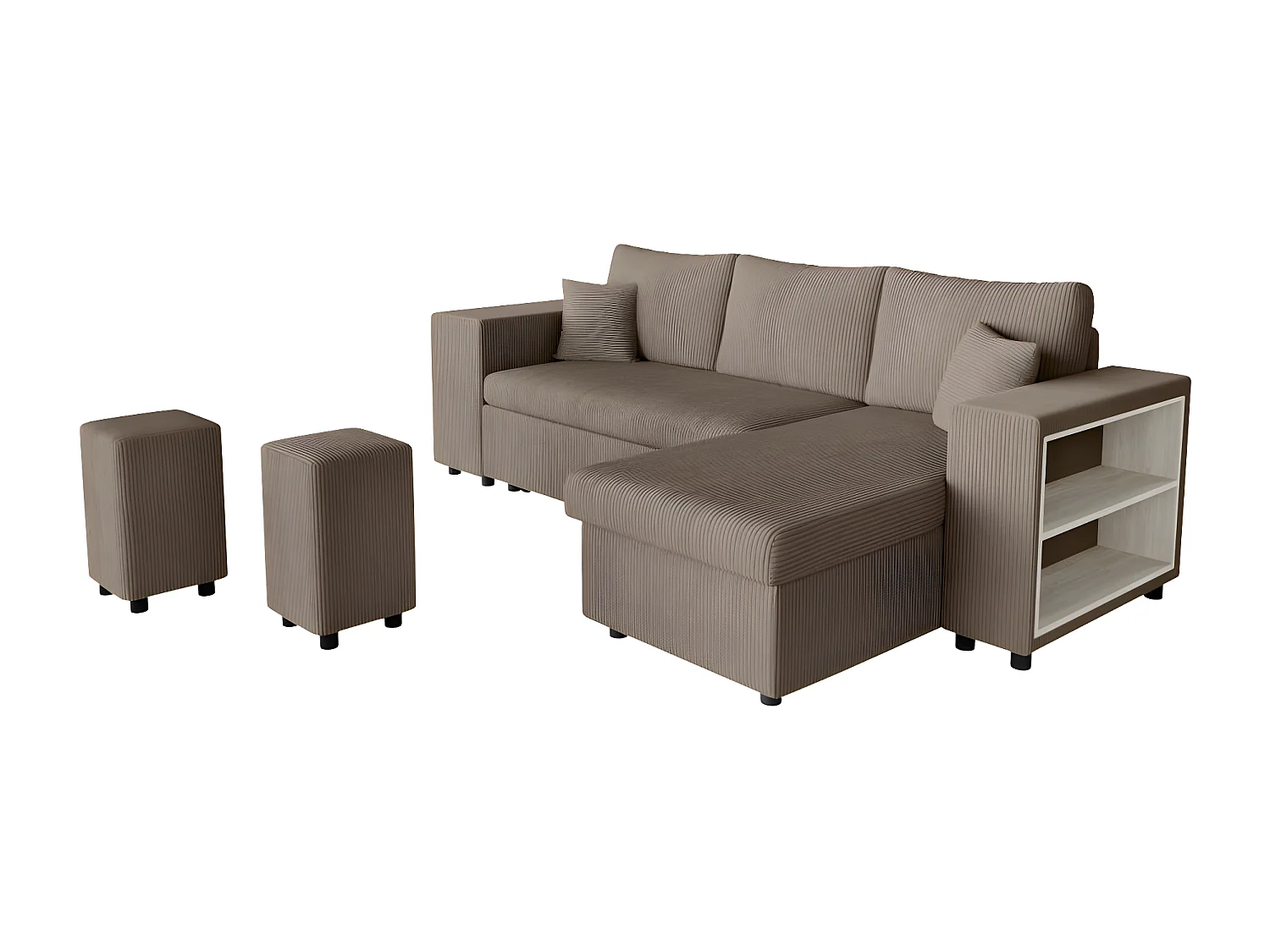 Canapé d'angle réversible Mady avec coffre, rangement poufs à gauche en velours côtelé - Taupe - L254 x P146 x H81cm - Loungitude