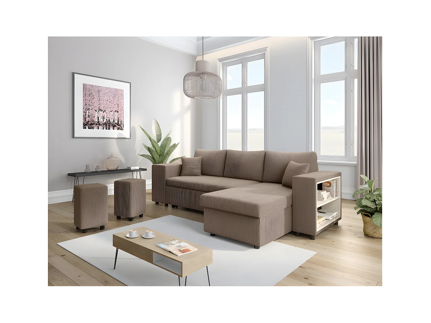 Canapé d'angle réversible Mady avec coffre, rangement poufs à gauche en velours côtelé - Taupe - L254 x P146 x H81cm - Loungitude
