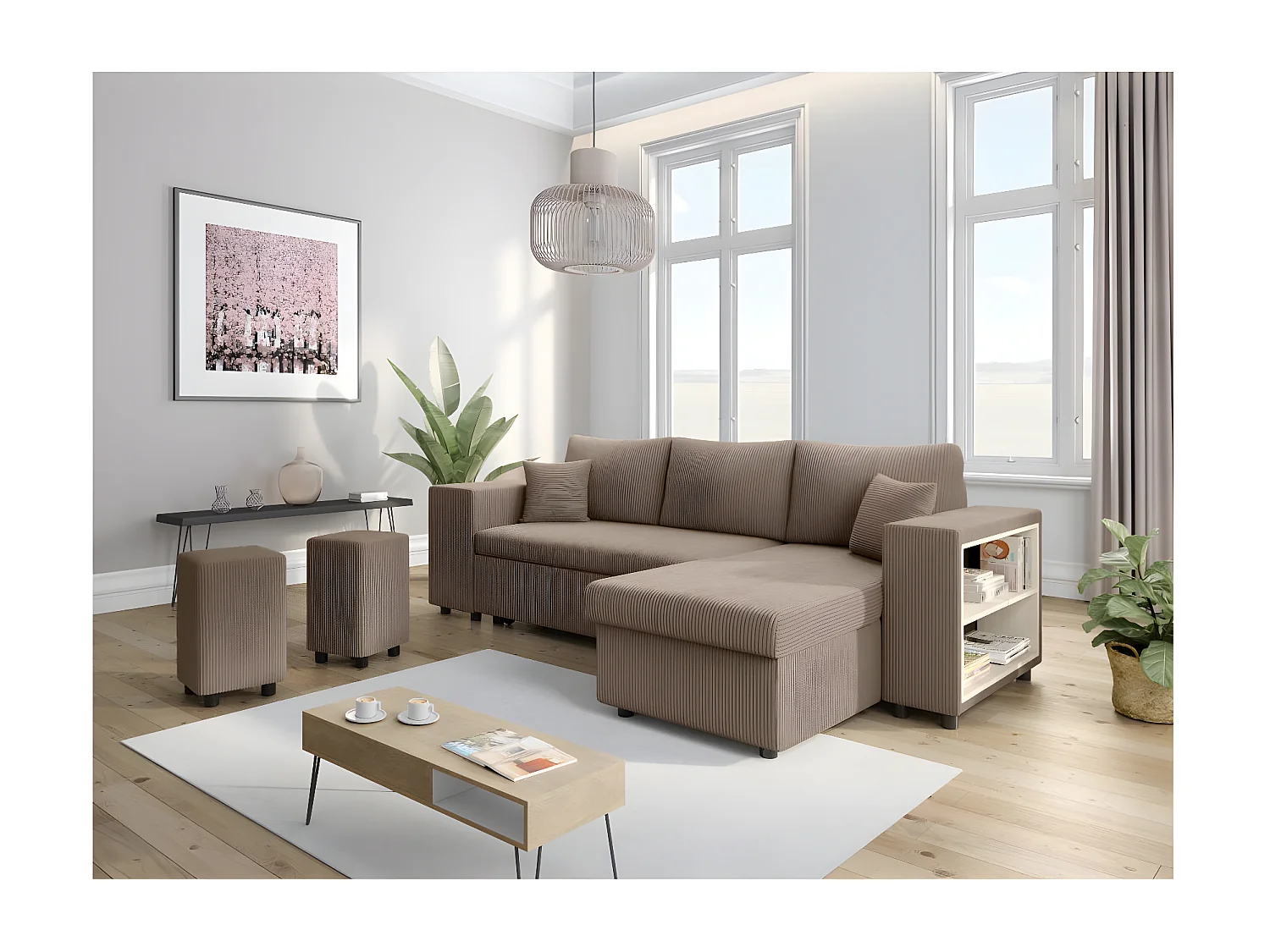 Canapé d'angle réversible Mady avec coffre, rangement poufs à gauche en velours côtelé - Taupe - L254 x P146 x H81cm - Loungitude