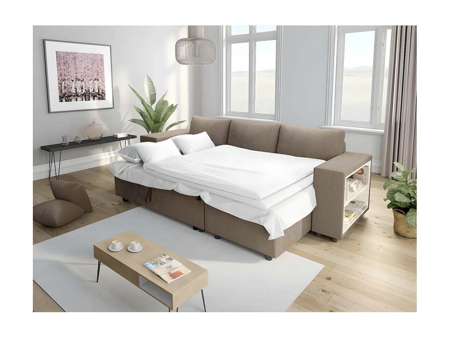 Canapé d'angle réversible Mady avec coffre, rangement poufs à gauche en velours côtelé - Taupe - L254 x P146 x H81cm - Loungitude