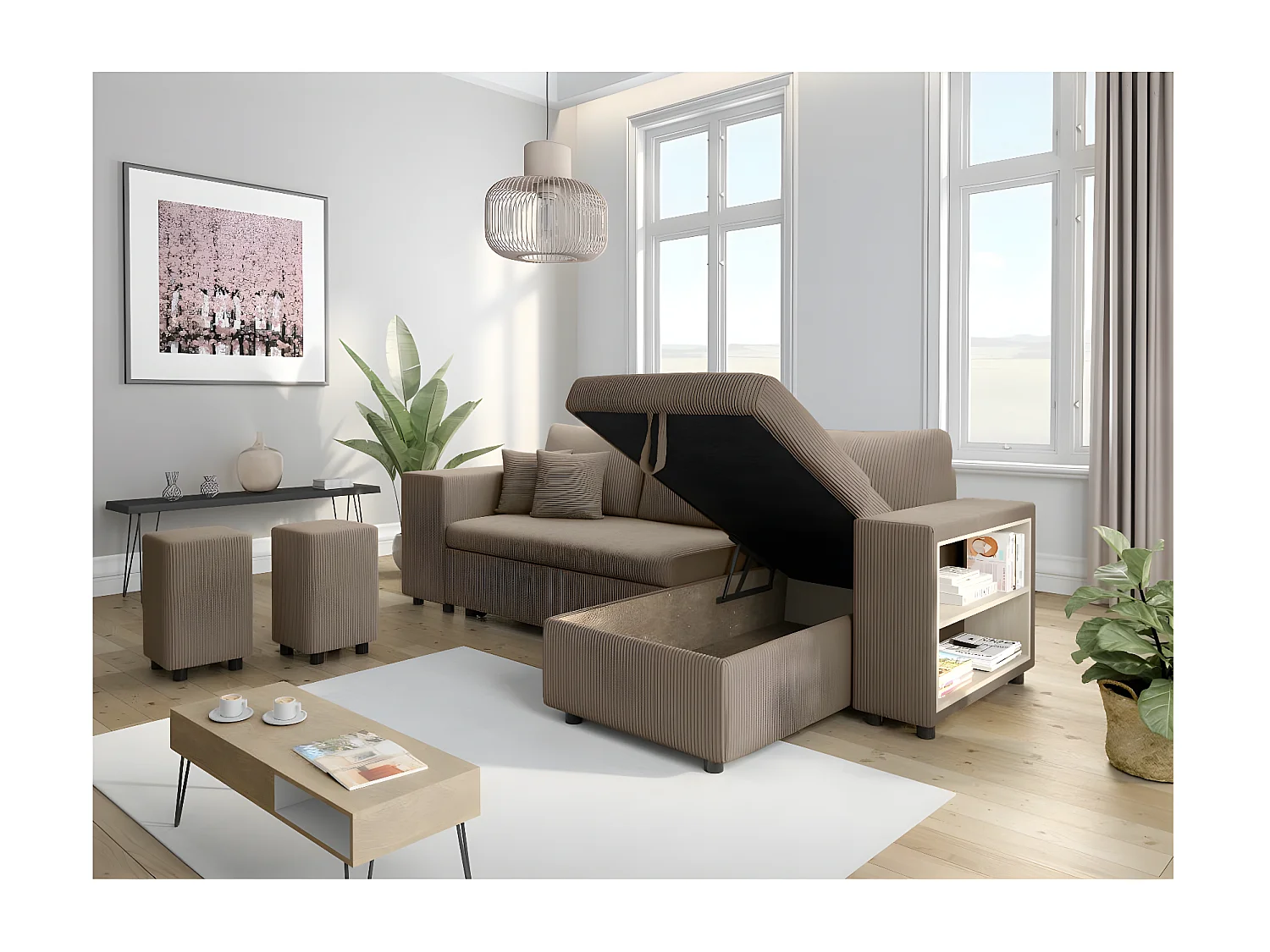 Canapé d'angle réversible Mady avec coffre, rangement poufs à gauche en velours côtelé - Taupe - L254 x P146 x H81cm - Loungitude