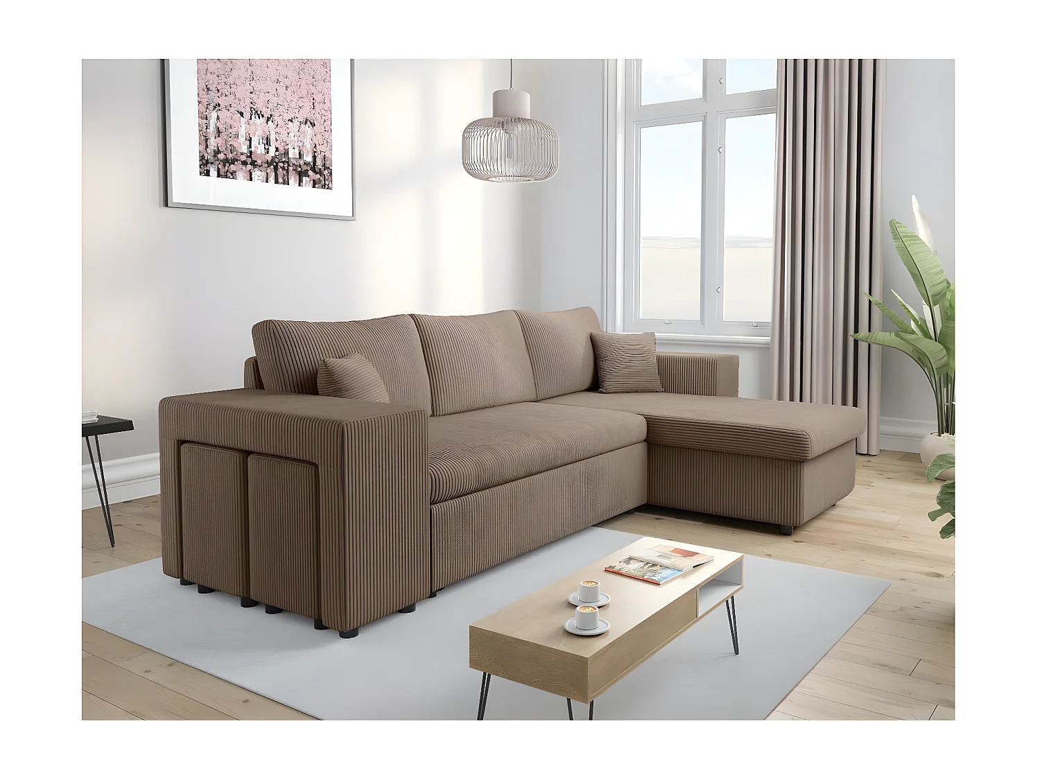 Canapé d'angle réversible Mady avec coffre, rangement poufs à gauche en velours côtelé - Taupe - L254 x P146 x H81cm - Loungitude