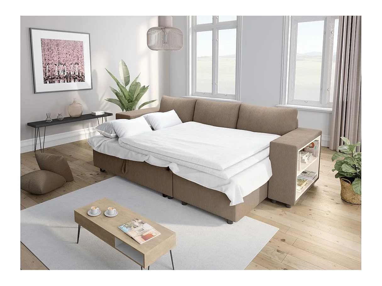 Canapé d'angle convertible 5 places avec pouf en velours taupe MADY