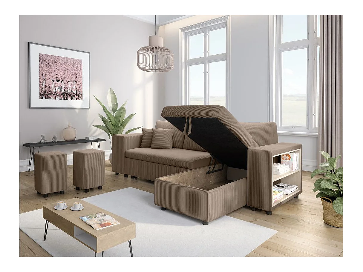 Canapé d'angle convertible 5 places avec pouf en velours taupe MADY