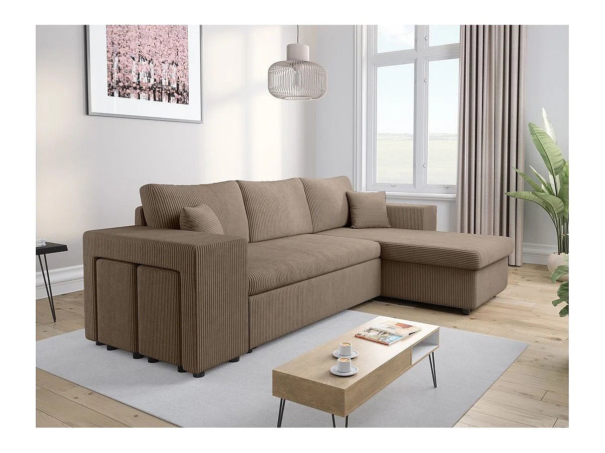 Canapé d'angle convertible 5 places avec pouf en velours taupe MADY