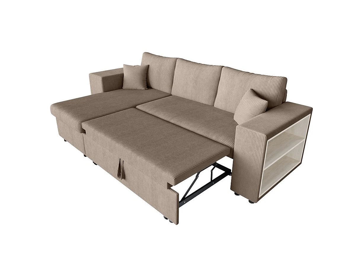 Canapé d'angle convertible 5 places avec pouf en velours taupe MADY