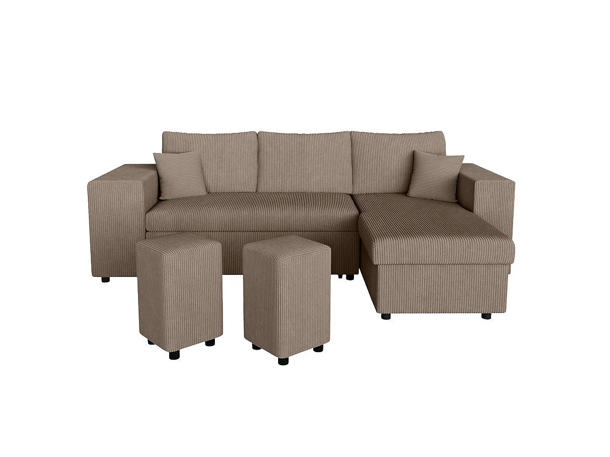Canapé d'angle convertible 5 places avec pouf en velours taupe MADY
